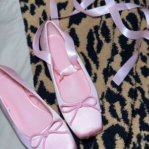 Pink Satin Ballet Flats with Ribbon Tie